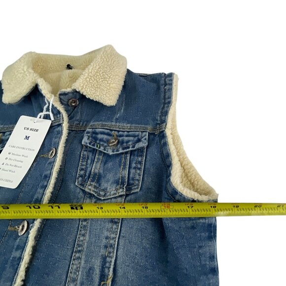 Omoone Sherpa-Lined New Denim Vest Button Closure M Blue Sleeveless Jacket Stree - Picture 6 of 7